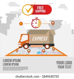 Fast delivery shipping online app by truck.Online order tracking with map.Delivery flat vector cartoon futuristic character restaurant food service.Online food order infographic.Webpage, app design.