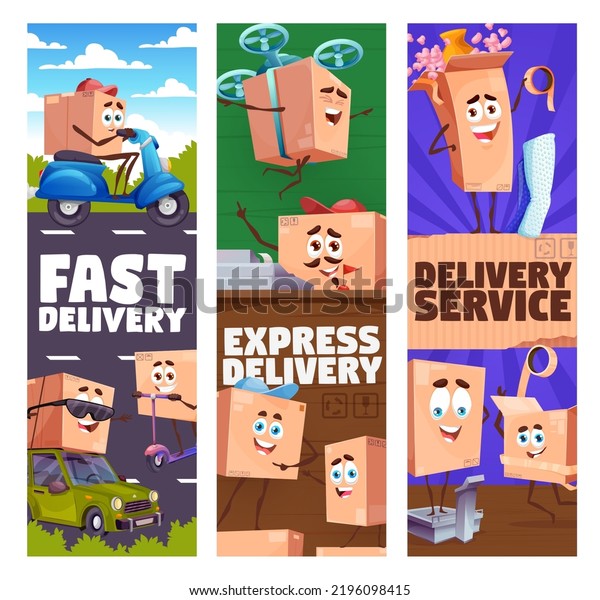 Fast delivery\
and shipping service. Cartoon package and parcel box characters.\
Delivery service packaging, moving company cardboard box courier\
funny personages vector\
banners