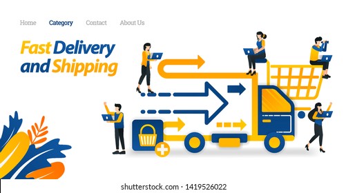 Fast Delivery and Shipping Services Provided from Online Stores or E-commerce. Vector Illustration, Flat Icon Style Suitable for Web Landing Page, Banner, Flyer, Sticker, Wallpaper, Card, Background