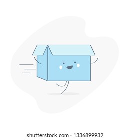 Fast delivery, shipping and transportation concept. Cute happy running box, cartoon courier. Flat outline vector illustration on white.