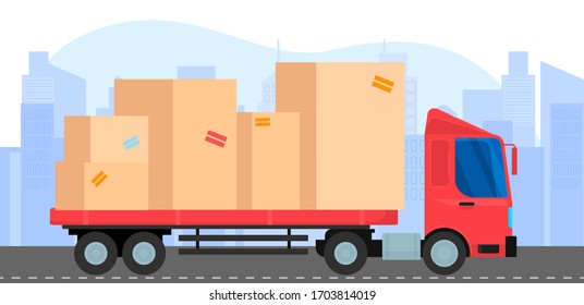 Fast delivery shipping van truck lorry flat style design car. Vector illustration. City background and landscape. Delivery truck red color with big boxes
