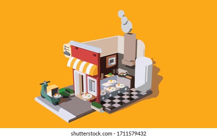 Fast Delivery Shop E-commerce Concept Online Food Order Infographic Isometric Interior Colorful On An Orange Background.3d Rendering.