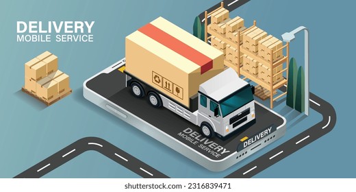 Fast delivery for shopping on mobile application.Online delivery service concept,online order tracking,Delivery home and office. City logistics.Warehouse,truck, forklift,courier,delivery man,on mobile