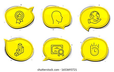 Fast delivery sign. Diploma certificate, save planet chat bubbles. 3d chart, Head and Positive feedback line icons set. Presentation column, Human profile, Award medal. Stopwatch. Business set. Vector