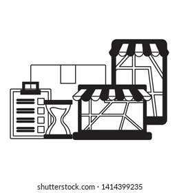 fast delivery smartphone lapop box clock clipboard vector illustration