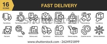 Fast Delivery solid icon set. Includes fast, delivery, service, shipping, courier, deliver, express, and More. Solid icons vector collection.