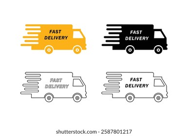 Fast delivery speedy trucks. Fast moving trucks for product delivery. High quality vector set.