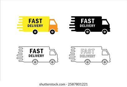 Fast delivery speedy trucks. Fast moving trucks for product delivery. High quality vector set.