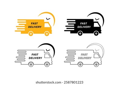 Fast delivery speedy trucks. Fast moving trucks for product delivery. High quality vector set.