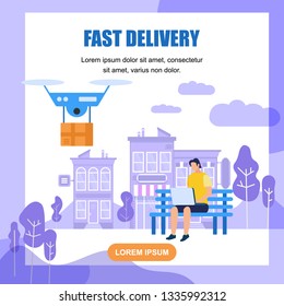 Fast Delivery Square Banner with Copy Space. Drone Delivering Parcel. Man Sitting on Bench with Laptop. Autonomous Courier, Modern Parcel Services Concept. Bright Cartoon Flat Vector Illustration