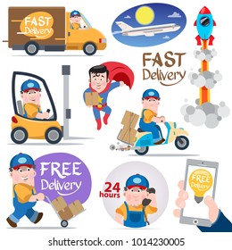 Fast delivery sticker set with car, scooter, truck, rocket, mobile phone and courier isolated on white background. Vector cartoon illustration with lettering