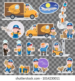Fast delivery sticker set with car, letter, truck, post office, letter and courier isolated on grey background. Vector cartoon illustration with lettering