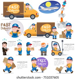 Fast delivery sticker set with car, letter, truck, package and courier isolated on white background. Vector cartoon illustration with lettering