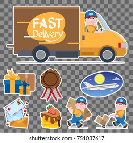 Fast delivery sticker set with car, letter, truck, pie, prize and courier isolated on grey background. Vector cartoon illustration with lettering