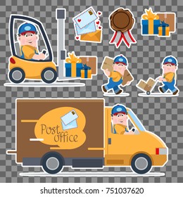 Fast delivery sticker set with car, letter, truck, post office, prize and courier isolated on grey background. Vector cartoon illustration with lettering