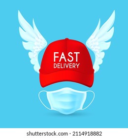 Fast delivery. Stop covid delivery concept with courier cap, medical mask and fast wings