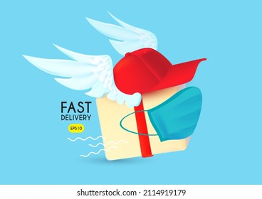 Fast delivery. Stop covid delivery concept with courier cap, medical mask and fast wings