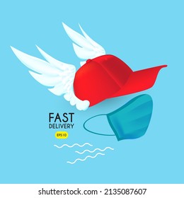 Fast delivery. Stop covid delivery concept with courier cap, medical mask and fast wings