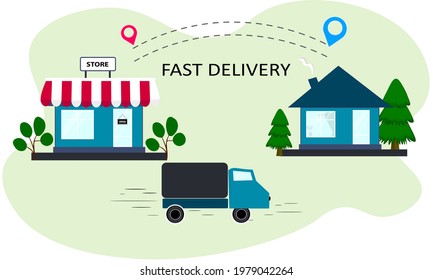 Fast delivery from the store. Bring your purchases home by truck. Tracking the delivery route from the supermarket, market. Location point icon, pin. Bright banner.Vector illustration.
