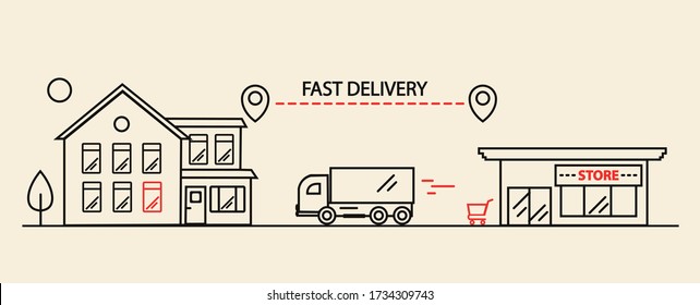 Fast delivery from store to home. Delivery at any time and place. Route with a linear icon. Web banner or flyer concept.