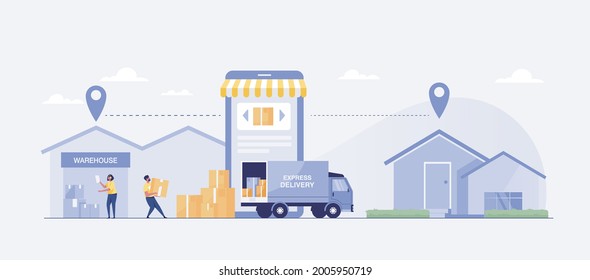 Entrega rápida de tienda a casa con camión.  ilustración vectorial