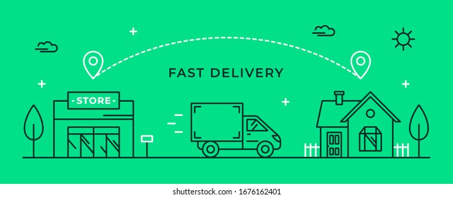 Fast delivery from store to home. Vector illustration with shop, delivery van and house. Delivery route linear icon. Web banner or flyer concept.