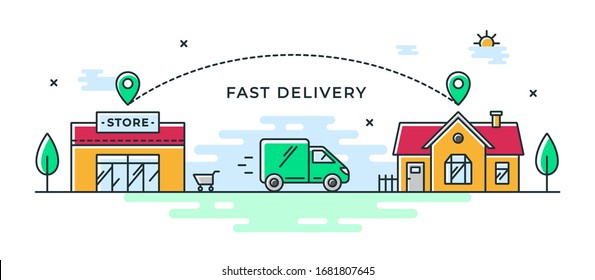Fast delivery from store to home. Vector color illustration with shop, delivery van and house. Delivery route linear icon. Web banner or flyer concept. Pictogram of cargo van.
