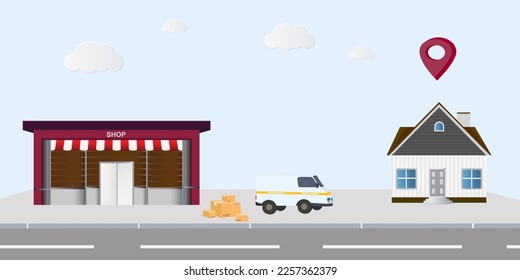 Fast delivery  from the store to your home. Illustration with shop, house and van with boxes. Delivery route icon. Concept for web banner or flyer. Vector illustration.