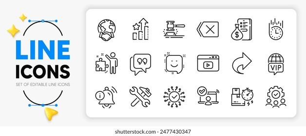 Fast delivery, Strategy and Teamwork line icons set for app include Share, Repair, Information bell outline thin icon. Video content, Money, Smile pictogram icon. Online access. Vector