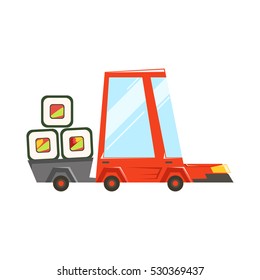 Fast Delivery Takeout Service Red Car With Trailer Full Of Japanese Sushi Rolls Going To Deliver Food