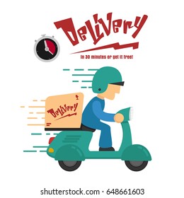 Fast Delivery in time by scooter motorbike poster in flat style cartoon 