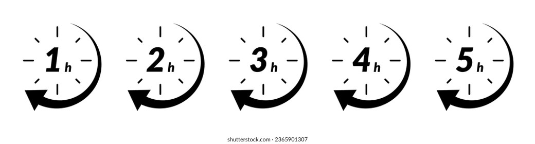 Fast delivery time icon with clock and arrow. for sale, offer, and discount logos. Features 2, 3, 4, and 5-hour marks in circle. Flat vector illustrations isolated in background.