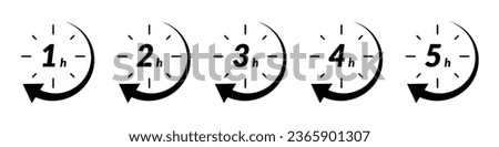 Fast delivery time icon with clock and arrow. for sale, offer, and discount logos. Features 2, 3, 4, and 5-hour marks in circle. Flat vector illustrations isolated in background.