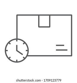 Fast delivery time thin line icon, logistic and delivery service, package box with clock sign vector graphics, a linear icon on a white background, eps 10