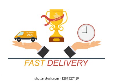 Fast delivery, timer icon. The concept of time and delivery of goods or cargo. Express delivery service, fast delivery inscription on light background. Vector illustration.