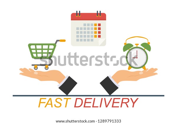 Fast delivery, timer\
icon. The concept of time and delivery of goods or cargo. Express\
delivery service, fast delivery inscription on light background.\
Vector illustration.