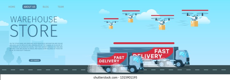 Fast Delivery Transportation of Cargo Package. Flying Drone Delivering Box. Express Shipping Grey Truck with Title on Side. Warehouse Store Service. Flat Cartoon Vector Illustration