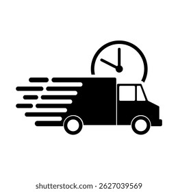 Fast Delivery Truck with Clock Icon Black Vector Silhouette. Delivery truck in motion, symbolizing speed and efficiency. A large clock icon is integrated into the upper right.