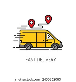 Fast delivery truck color line icon of vector shipping, cargo carriage and package delivery service. Logistics and supply chain outline sign with yellow van, courier car and truck, shipping route pins