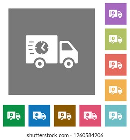 Fast delivery truck flat icons on simple color square backgrounds