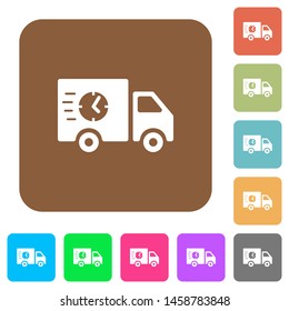 Fast delivery truck flat icons on rounded square vivid color backgrounds.