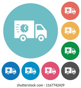Fast delivery truck flat white icons on round color backgrounds