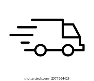 Fast delivery truck icon.  Bold black line art style, perfect for websites, apps, or presentations needing a quick, modern delivery symbol. Represents speed, efficiency, and transportation.