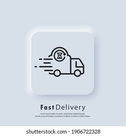 Fast delivery truck icon. Express delivery logo. Vector. UI icon. Distribution service, express transportation. Food delivery. Neumorphic UI UX white user interface web button. Neumorphism style.