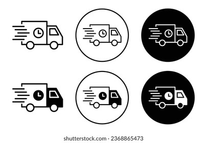 icono del camión de entrega rápida. Juego de símbolos de vehículo de camioneta rápida y rápida de envío. Vector de camiones de carga de envío de productos de comercio electrónico en línea. Distribución de entrega gratuita por señal de línea de mensajería.