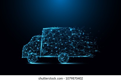 Fast delivery truck icon form lines and triangles, point connecting network on blue background. Illustration vector