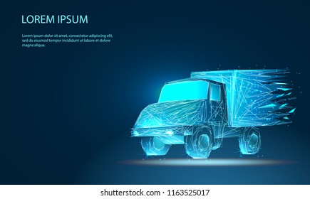 Fast delivery truck icon form lines and triangles, point connecting network on blue background. Concept in Low poly style. Vector illustration.