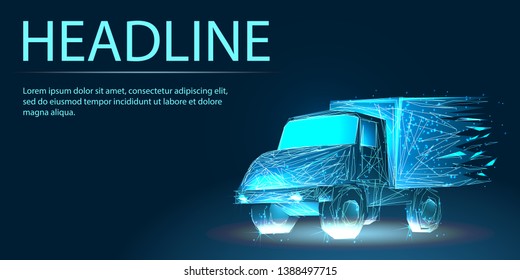 Fast delivery truck icon form lines and triangles, point connecting network on blue background. Concept in Low poly style. Vector illustration.