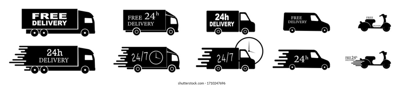 Fast delivery truck icon. Free delivery, 24 hours. Set of delivery icons. Vector illustration