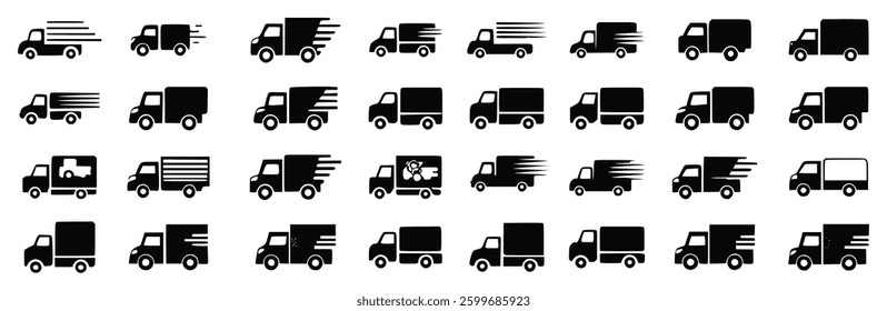 fast delivery truck icon set featuring shipping, cargo transport, and express logistics symbols. Perfect for e-commerce, courier services, online orders, and global fulfillment. Vector illustration.